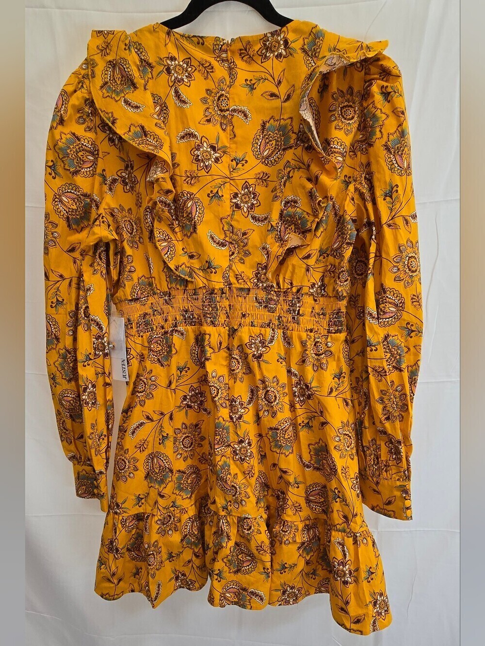 JustFab Floral Ruffle Mini Dress XL Mustard Yellow Smocked Waist NWT - Picture 3 of 7